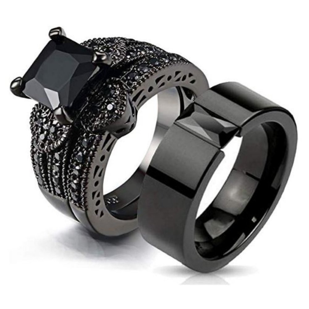 New His & Hers Black Sapphire 3pc Wedding Ring Set